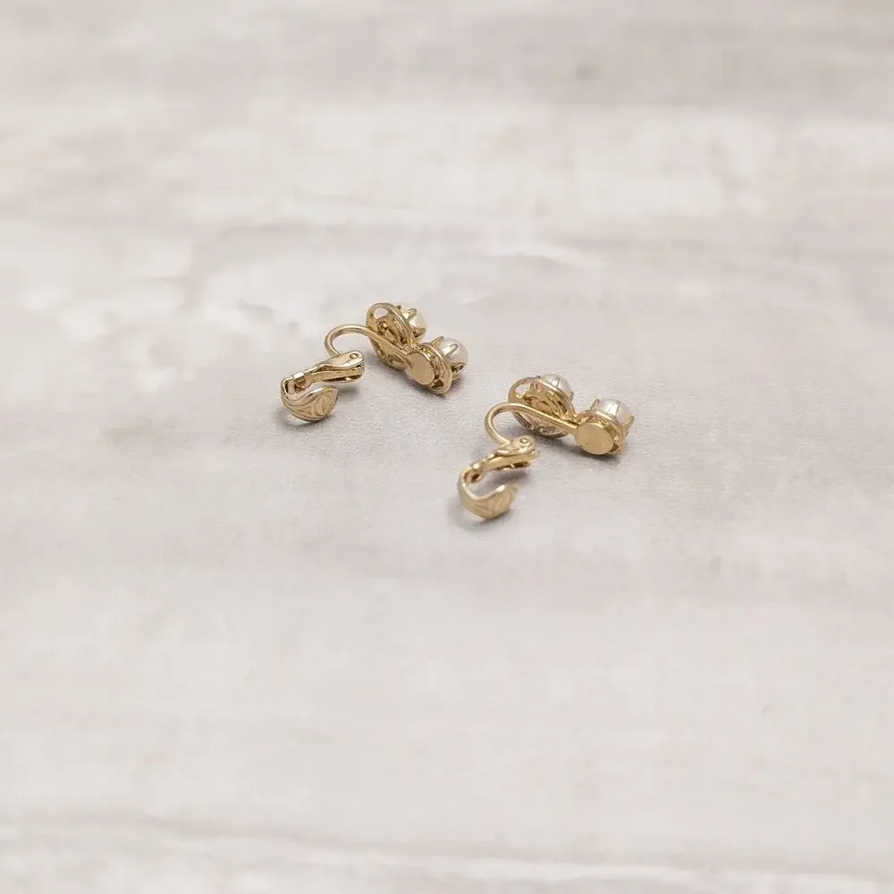 Vintage Clip On Earrings Stylish Geometric Faux Pearl & Gold Tone Duo